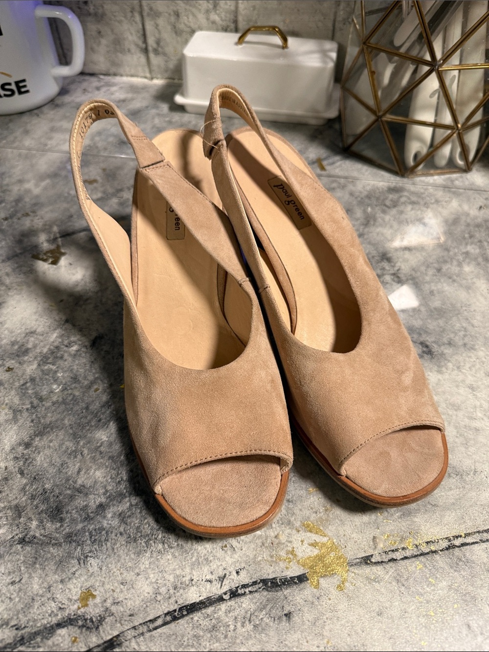Paul Green Beige Suede Peep-Toe Slingback Heels